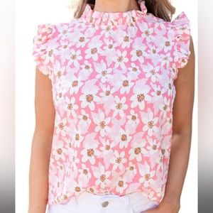 Pink Floral Print Ruffle Trim Top - Small